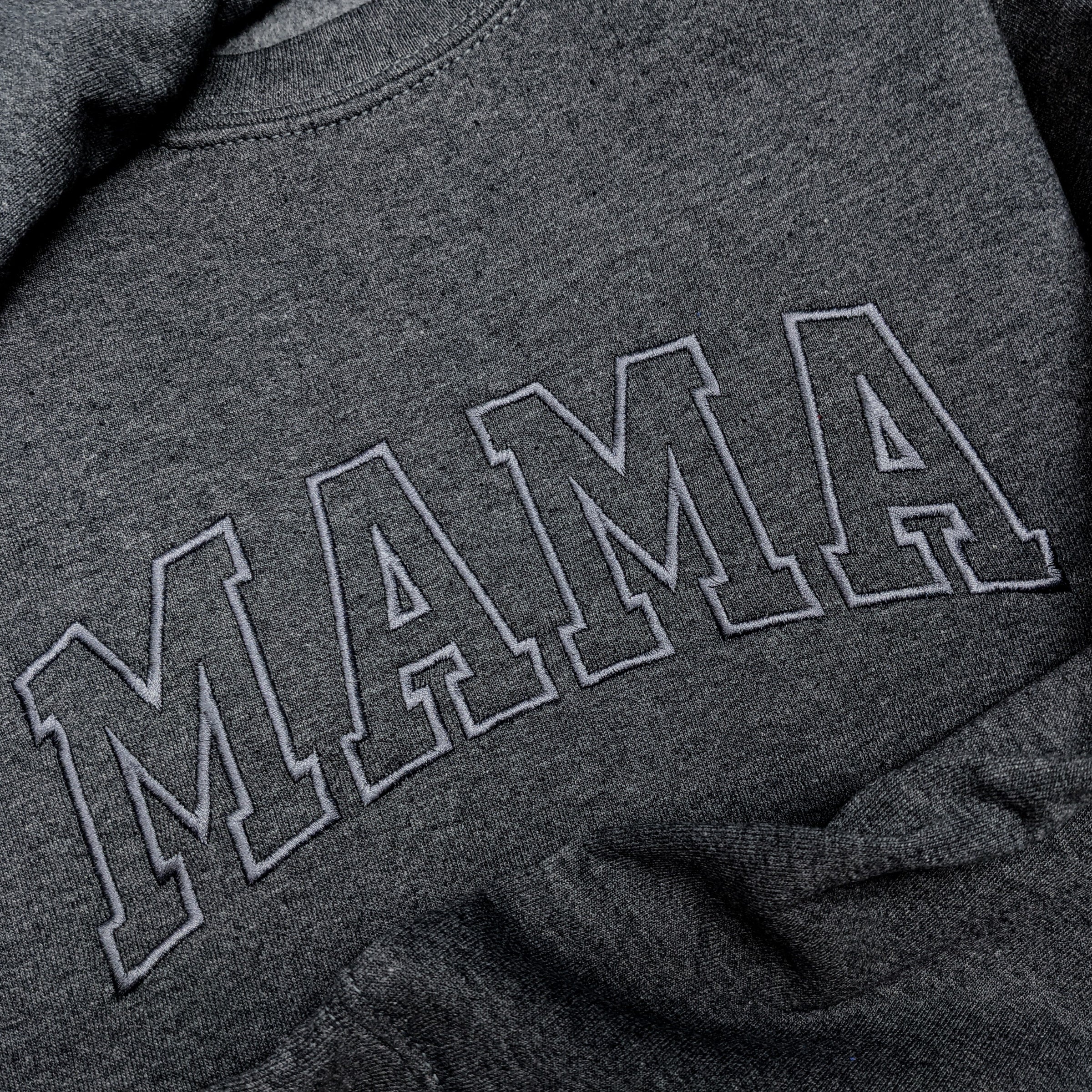 Dark Heather Grey "Mama" Block Embroidered Crewneck