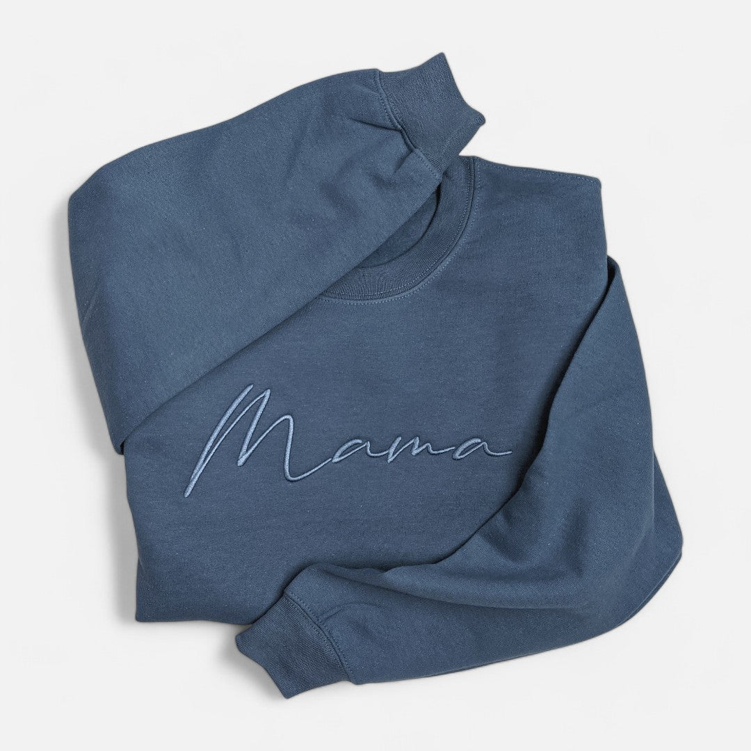 Indigo Blue "Mama" Cursive Embroidered Crewneck