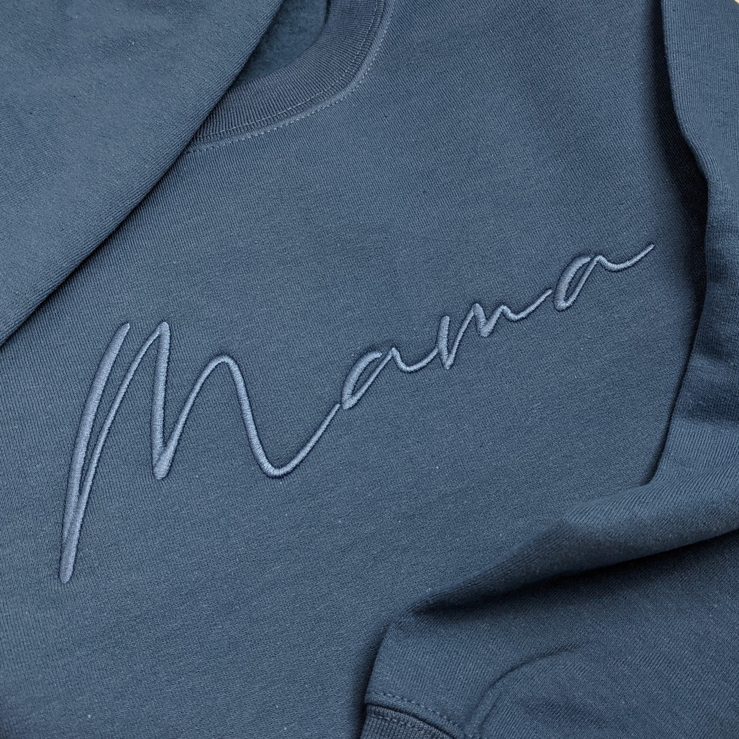 Indigo Blue "Mama" Cursive Embroidered Crewneck
