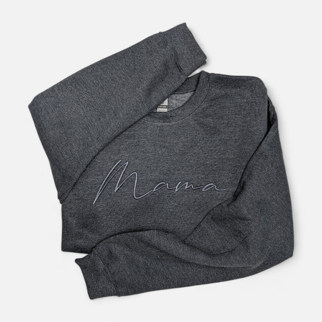 Dark Heather Grey "Mama" Cursive Embroidered Crewneck