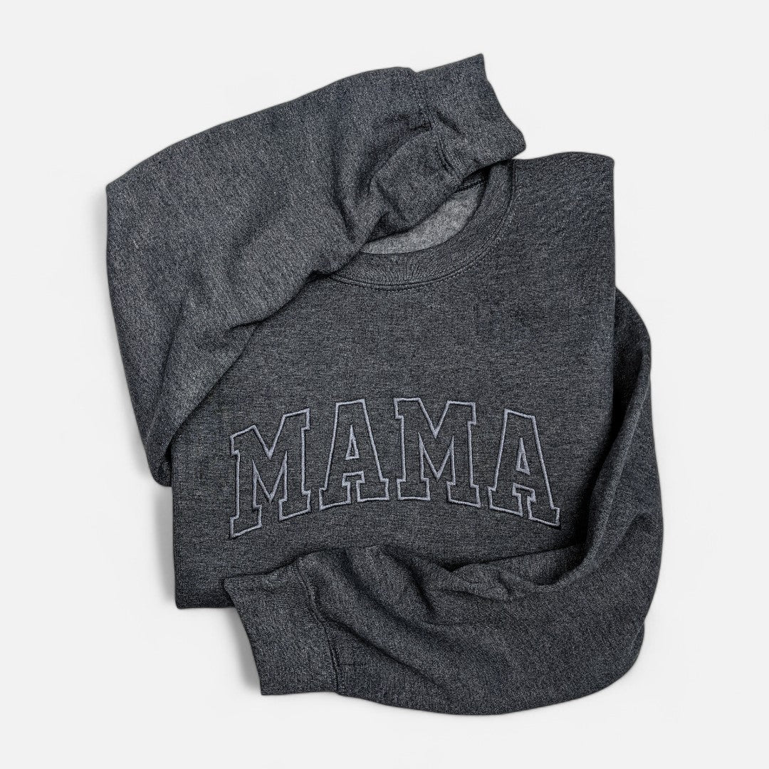 Dark Heather Grey "Mama" Block Embroidered Crewneck