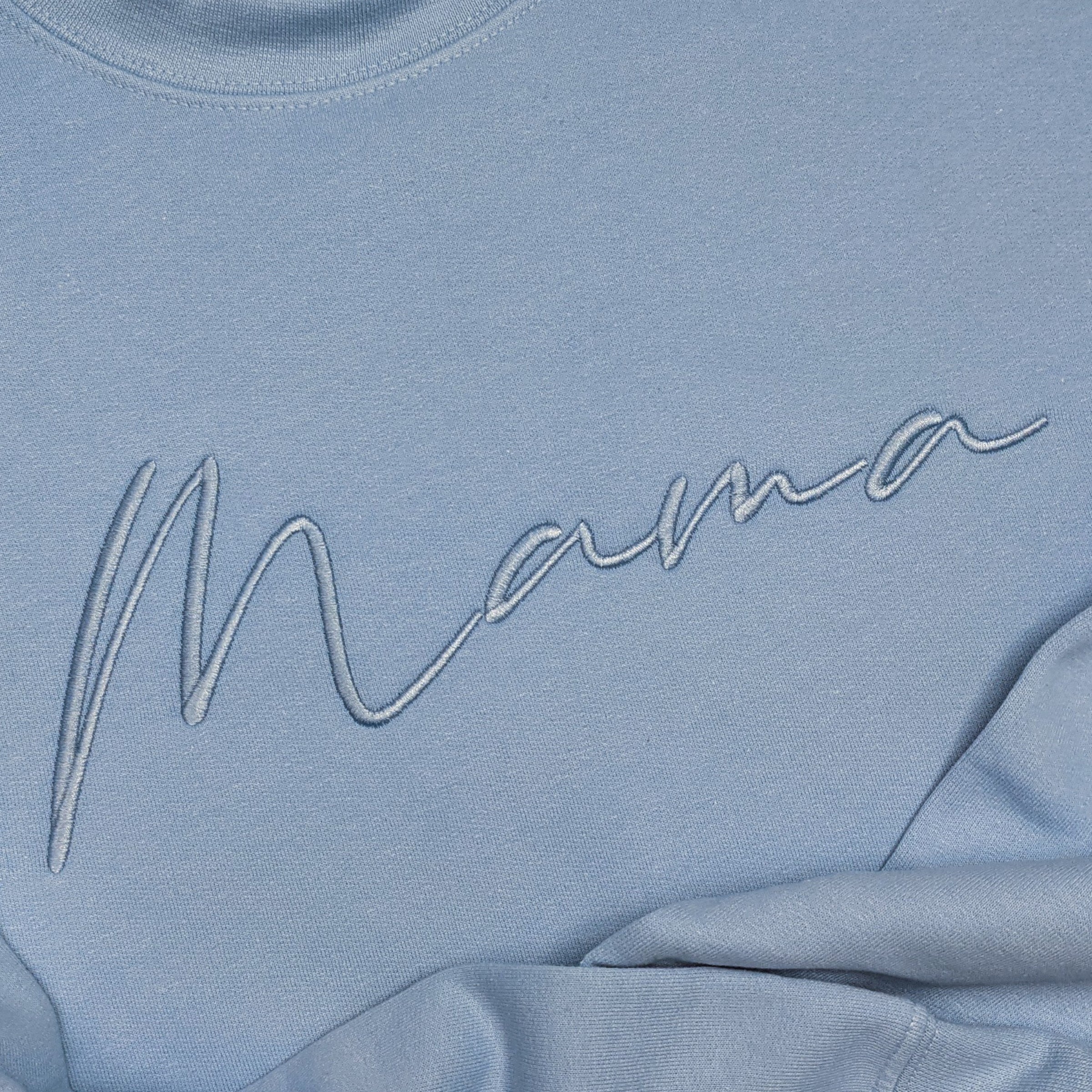 Light Blue "Mama" Cursive Embroidered Crewneck