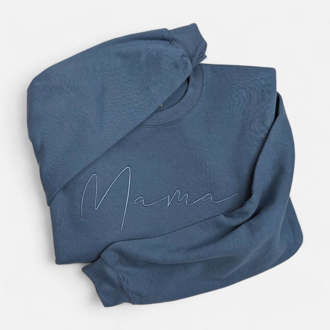 Indigo Blue"Mama" Handwritten Embroidered Crewneck