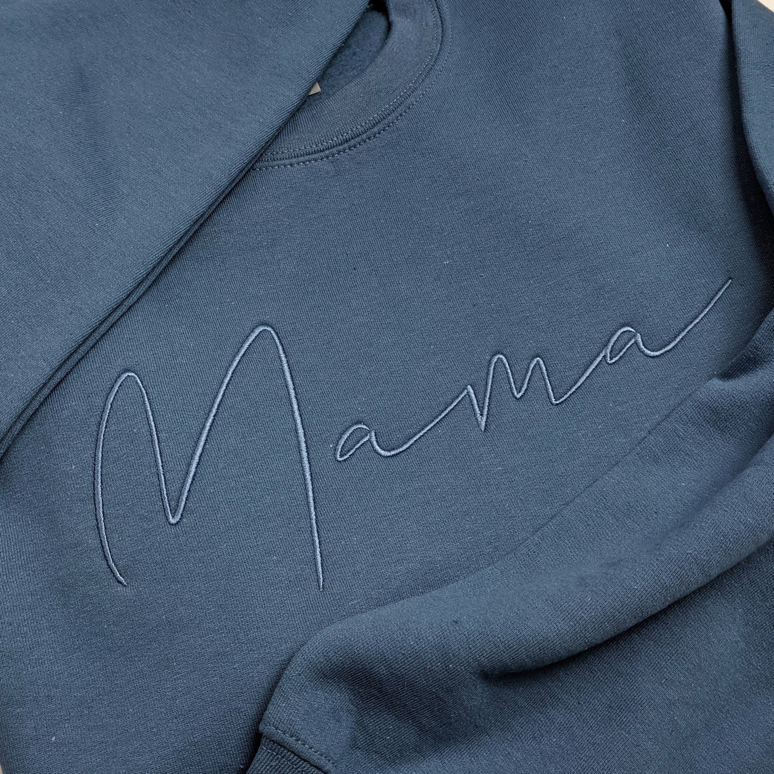 Indigo Blue"Mama" Handwritten Embroidered Crewneck