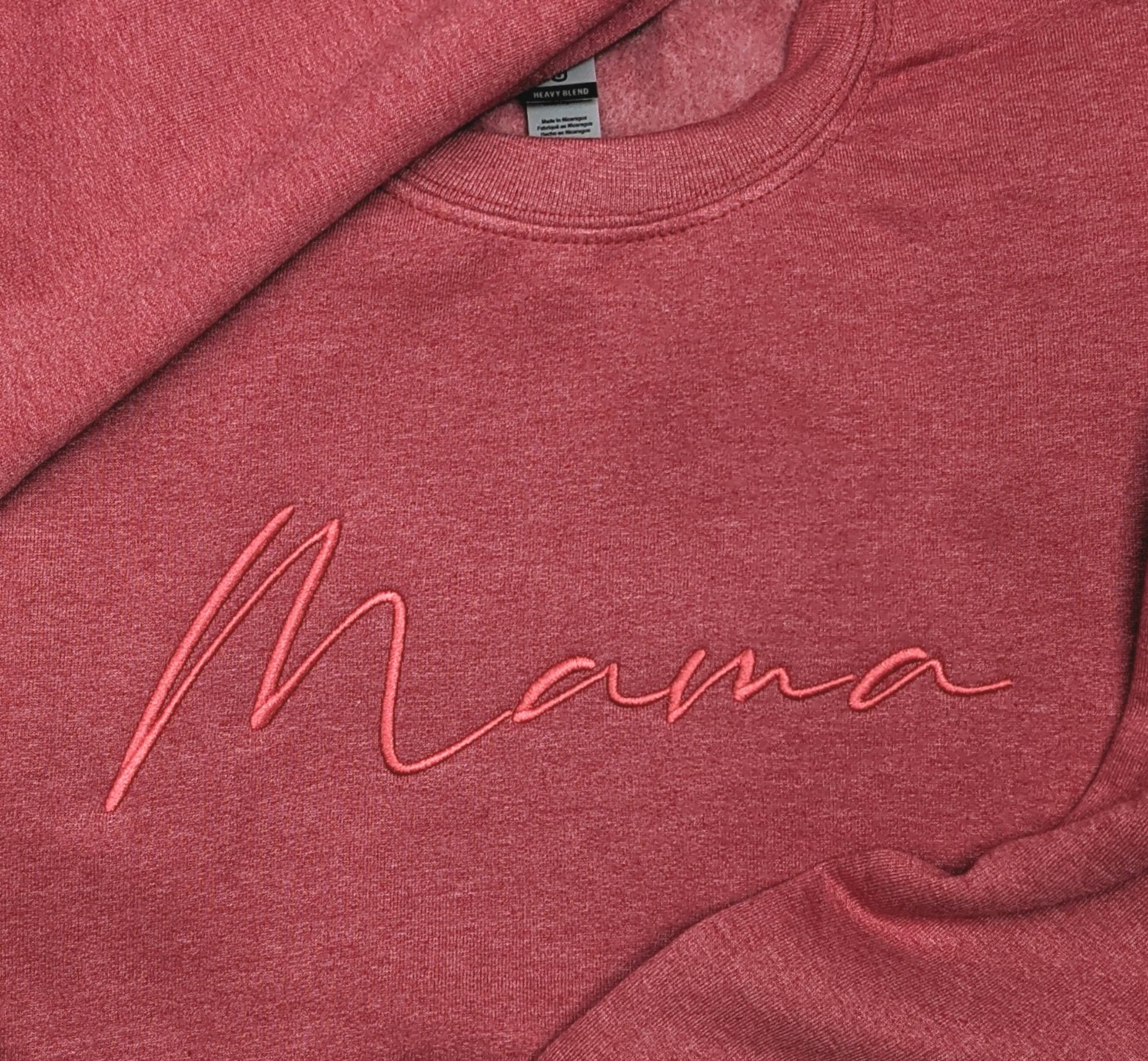 Heather Red "Mama" Cursive Embroidered Crewneck