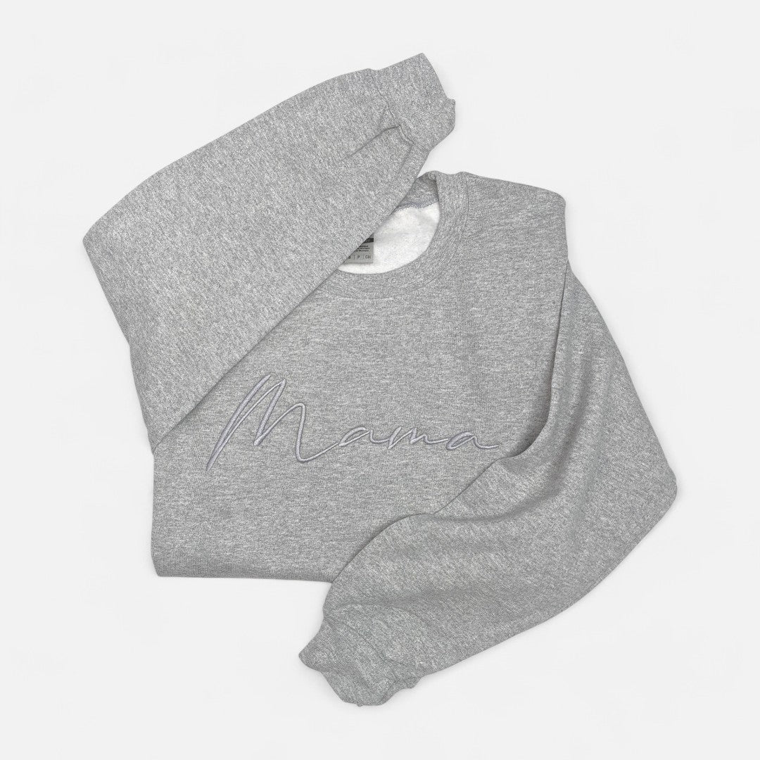 Grey "Mama" Cursive Embroidered Crewneck