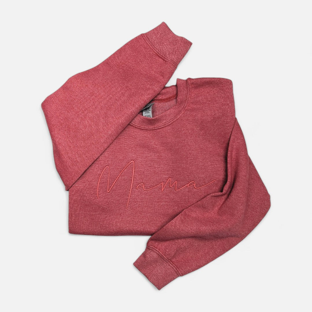 Heather Red "Mama" Handwritten Embroidered Crewneck