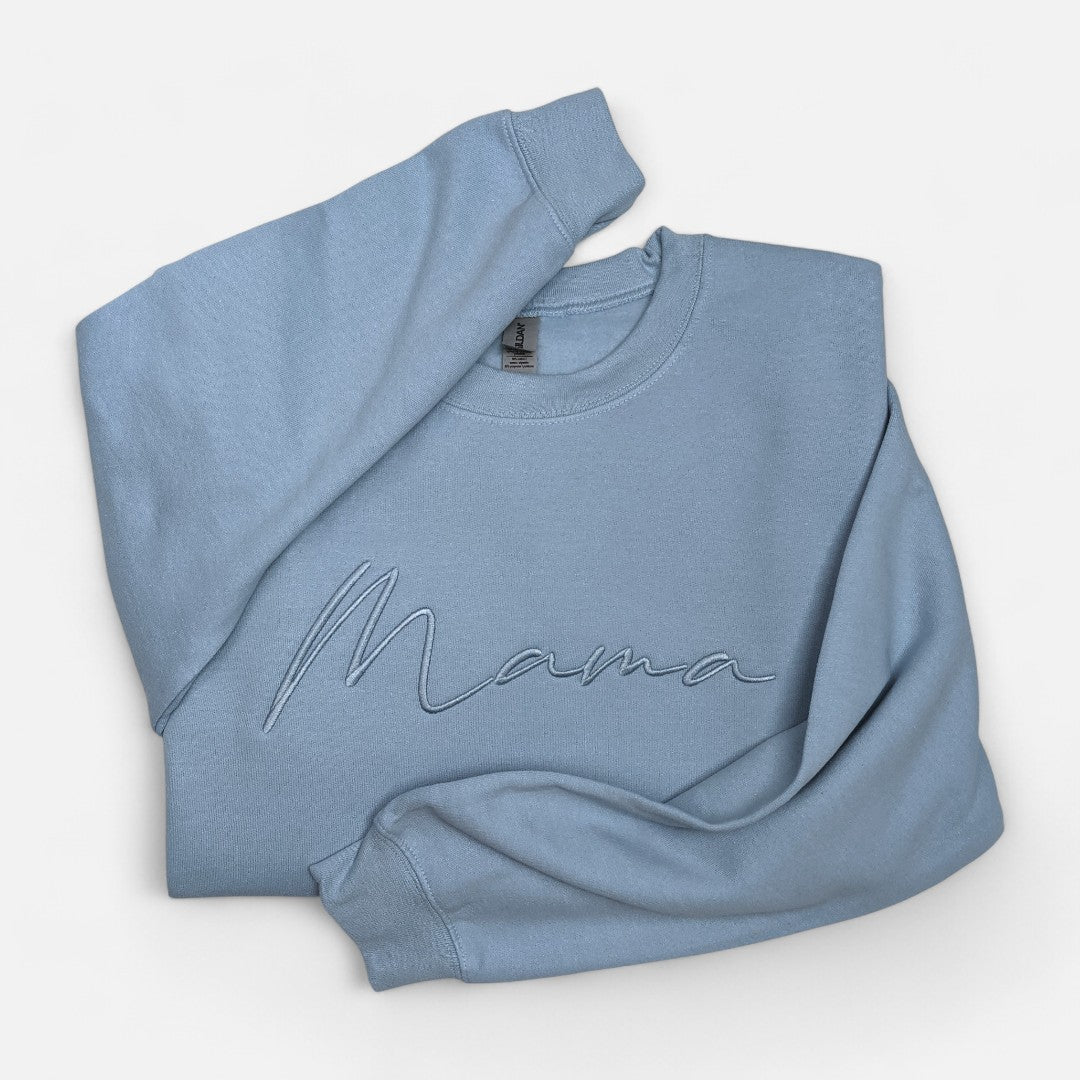 Light Blue "Mama" Cursive Embroidered Crewneck