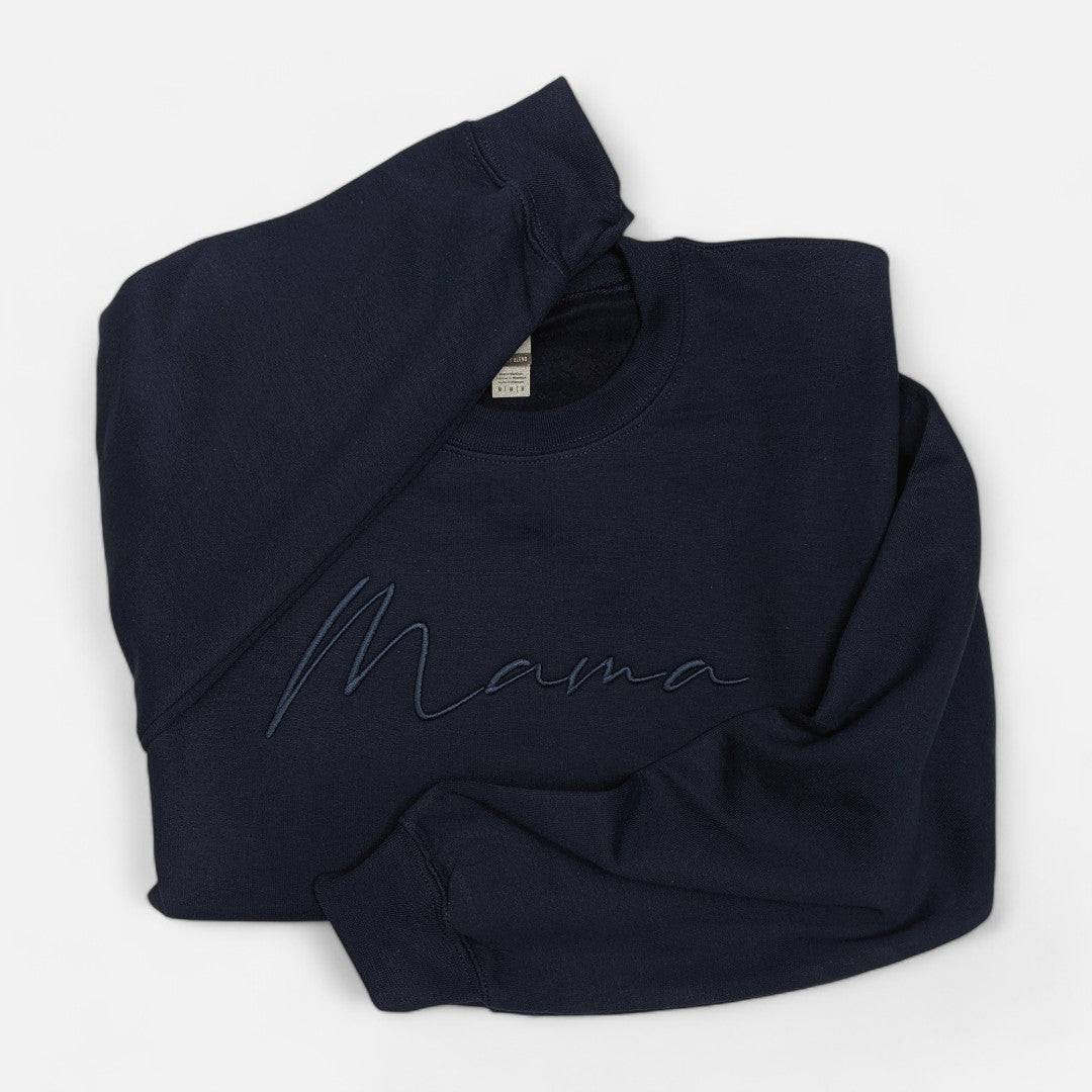 Navy "Mama" Cursive Embroidered Crewneck