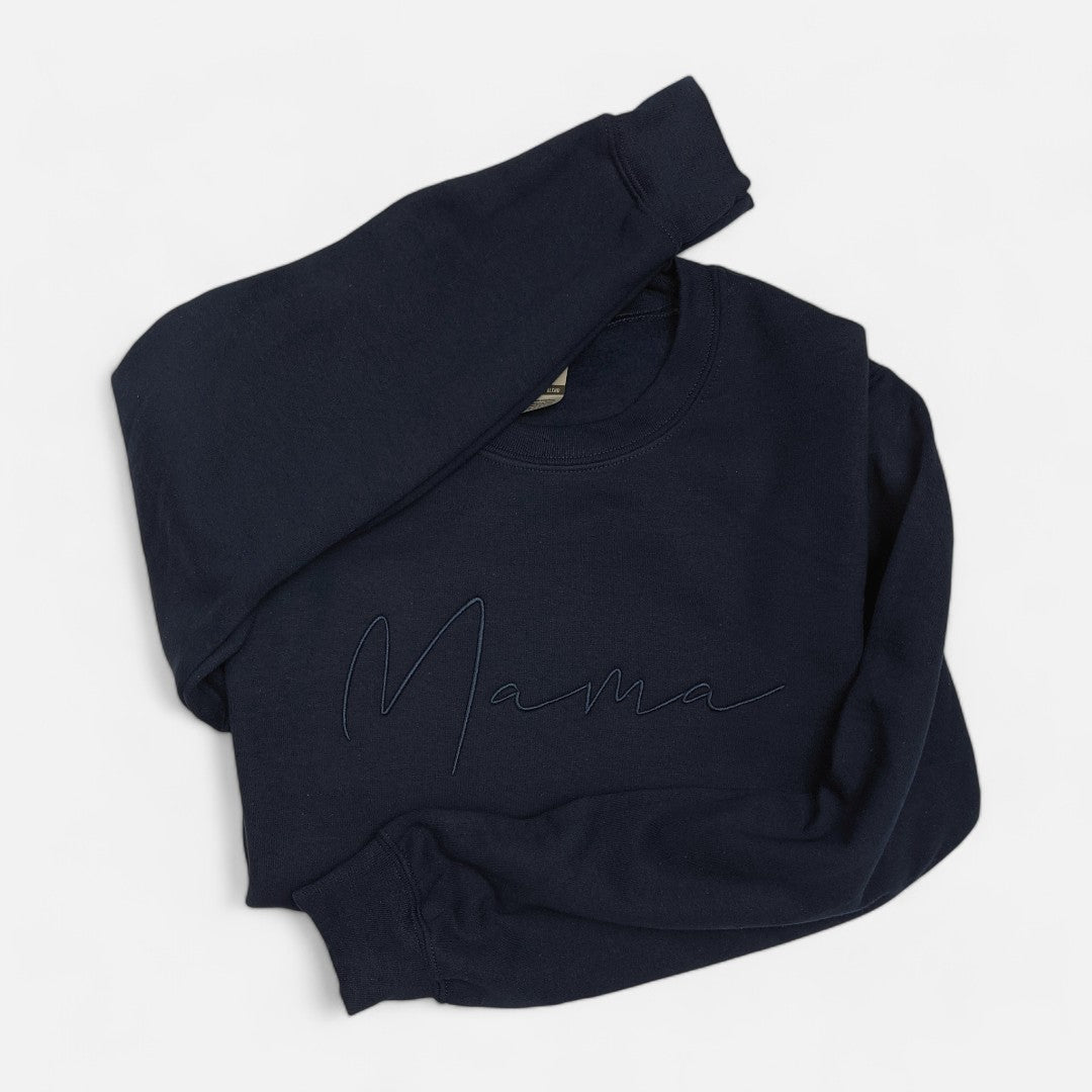 Navy "Mama" Cursive Handwritten Crewneck