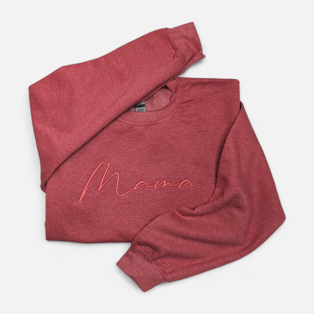 Heather Red "Mama" Cursive Embroidered Crewneck