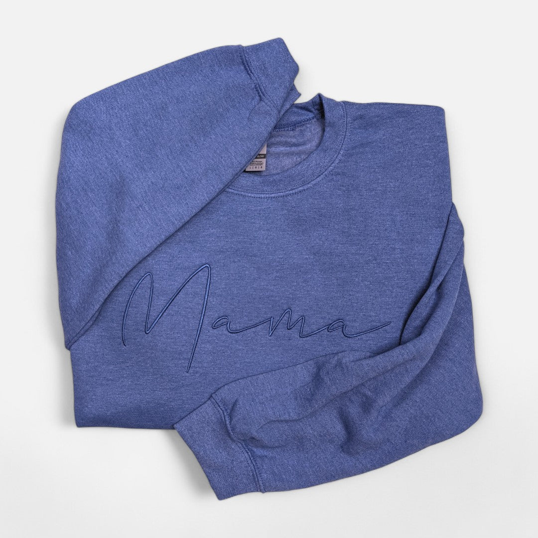 Heather Royal "Mama" Handwritten Embroidered Crewneck