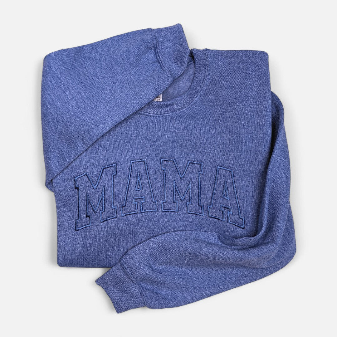 Heather Royal "Mama" Block Embroidered Crewneck