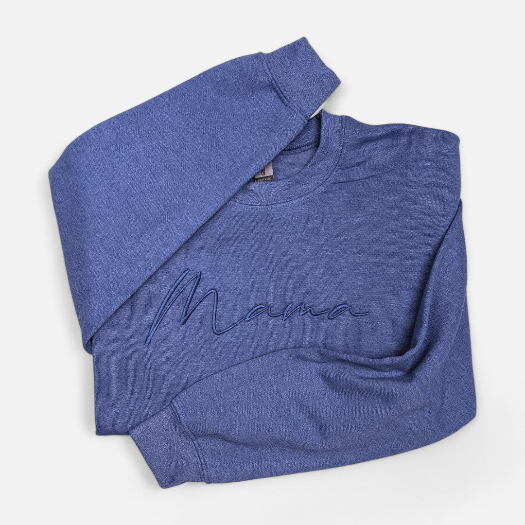 Heather Royal "Mama" Cursive Embroidered Crewneck