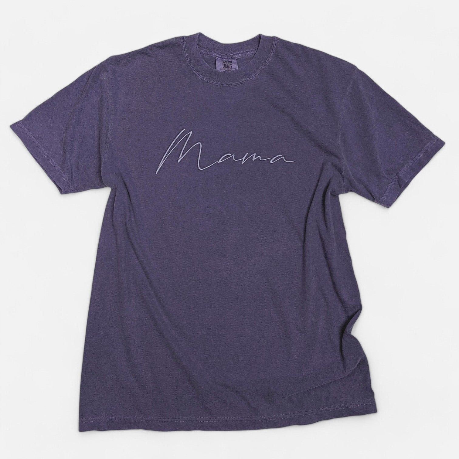 Purple "Mama" Cursive Embroidered T-Shirt