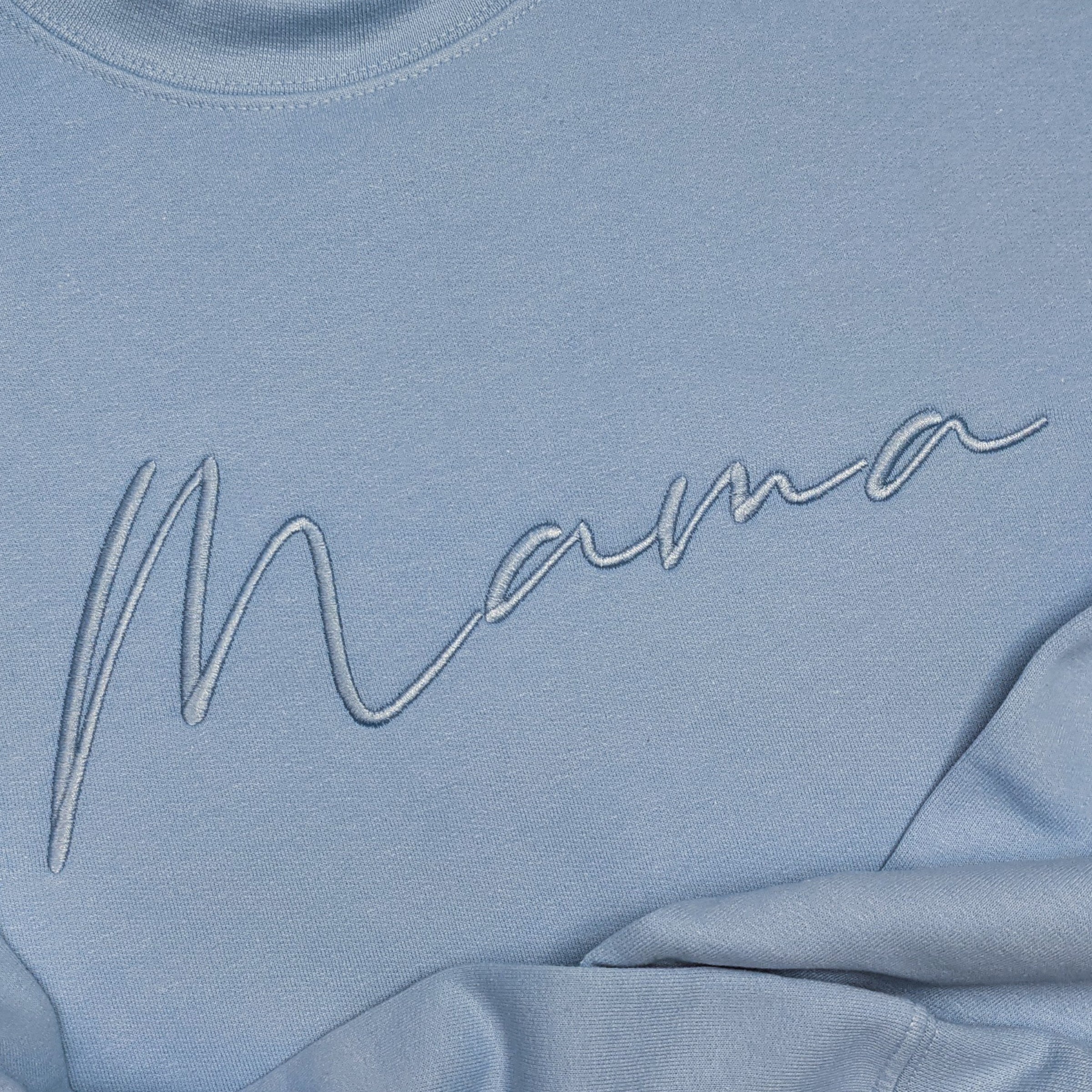 Light Blue "Mama" Cursive Embroidered Crewneck