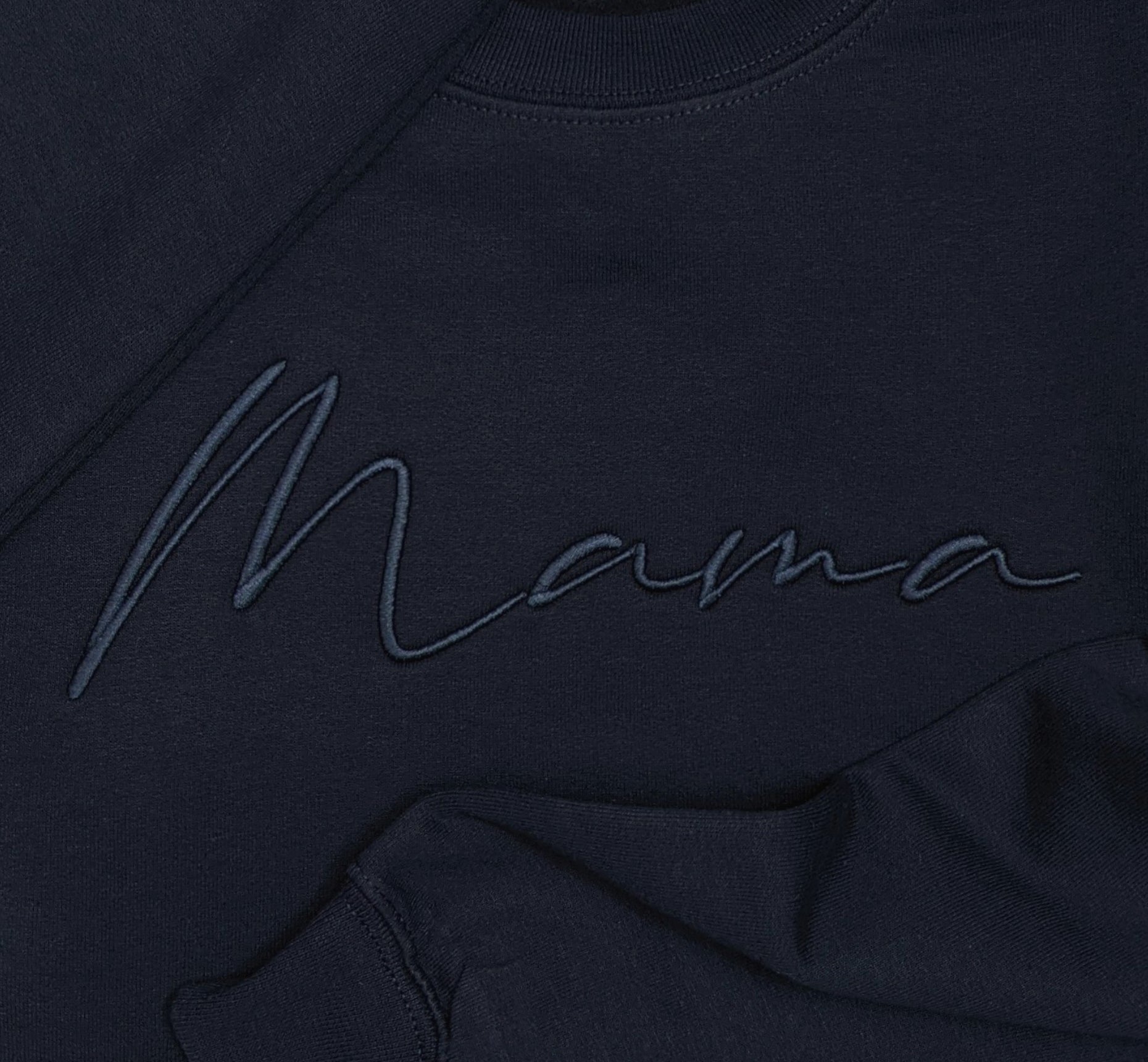 Navy "Mama" Cursive Embroidered Crewneck