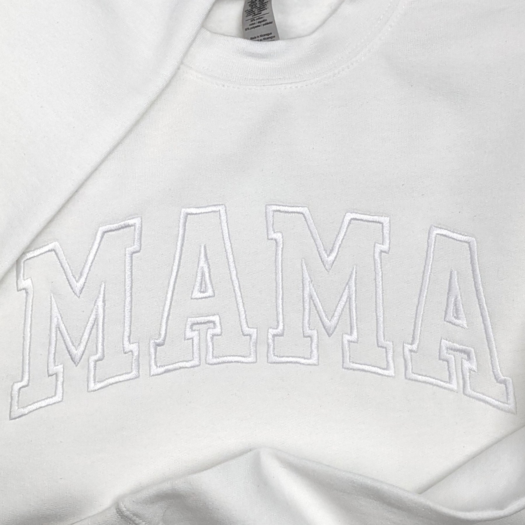 White "Mama" Block Embroidered Crewneck